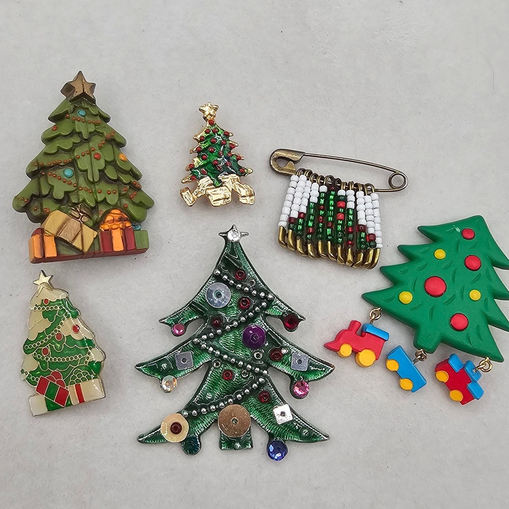 Christmas Tree Brooch Pin Lot Enamel Beaded Train 6pc Set Holiday Festive